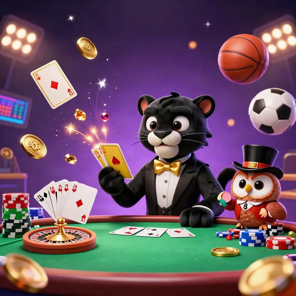 Tuxedo panther, owl, and mouse amid flying chips, cards, soccer and basketball under casino lights.
