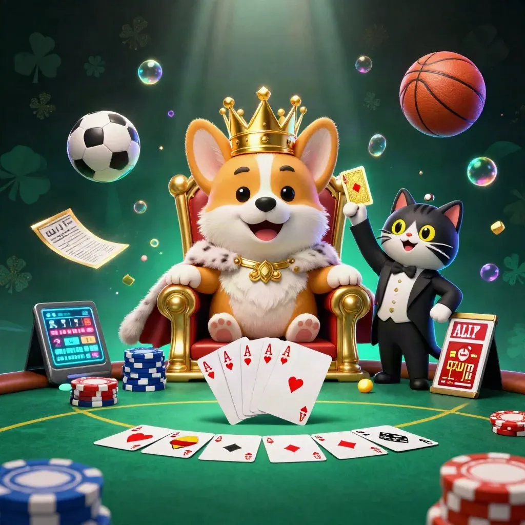 Royal corgi and cat butler amid casino chips, cards, ball props, and neon green-gold glow.