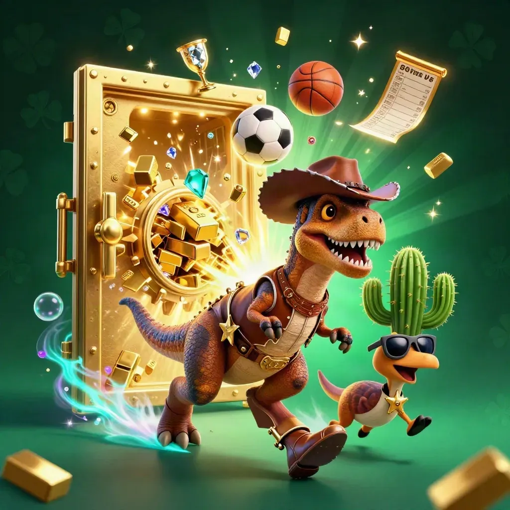 Cowboy T-rex, cactus sidekick and roadrunner burst around a glowing vault with gold and sports gear.