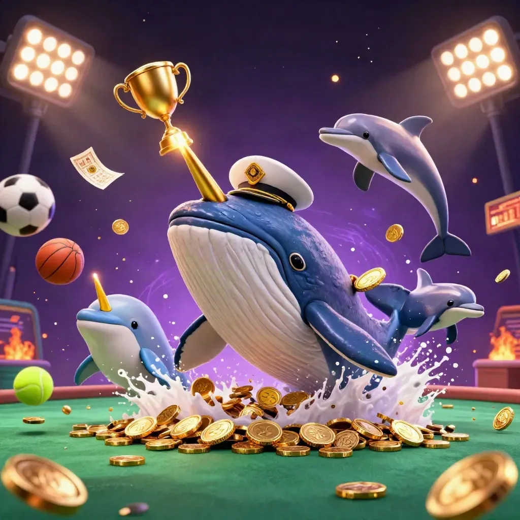 Whale captain, narwhal, and dolphins burst through coins with flying sports balls and casino lights.