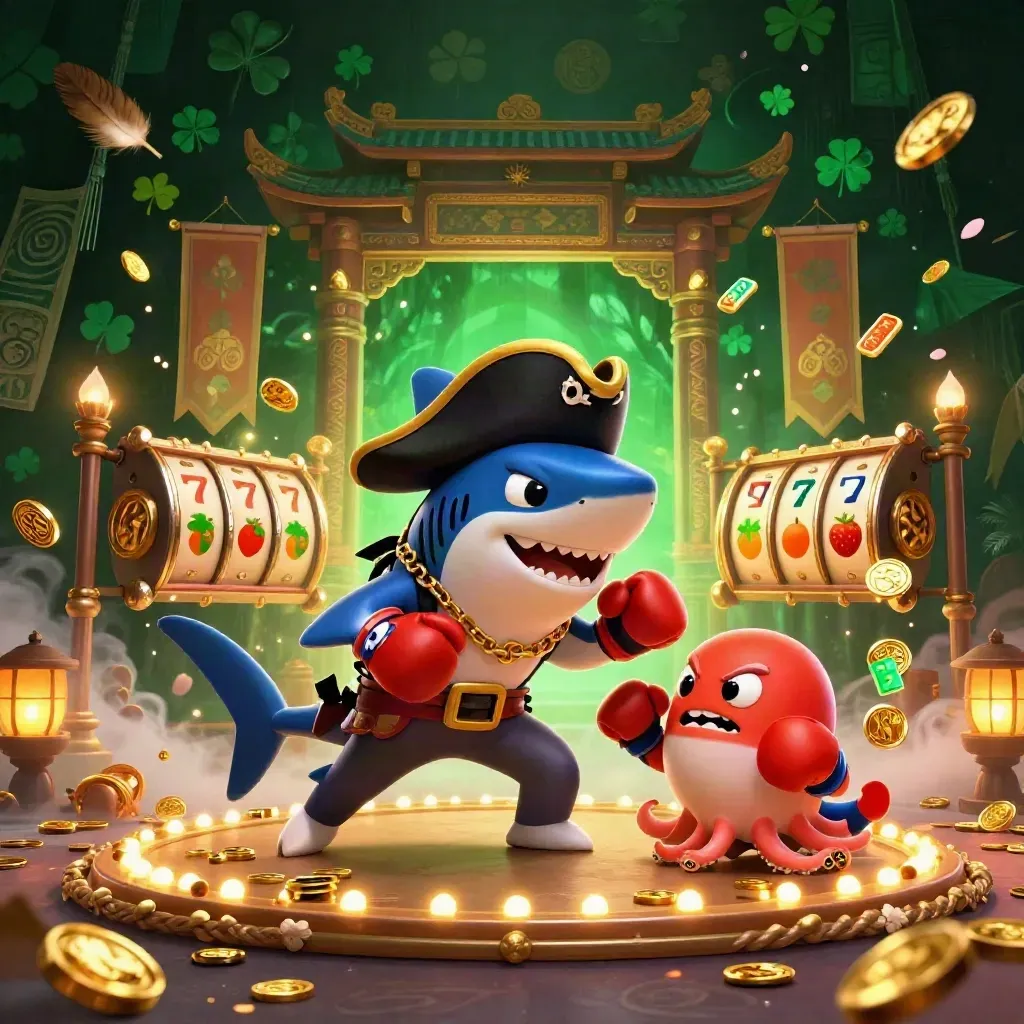 Shark pirate, boxing pufferfish, and octopus amid casino loot, temple gate, and glowing green fog.