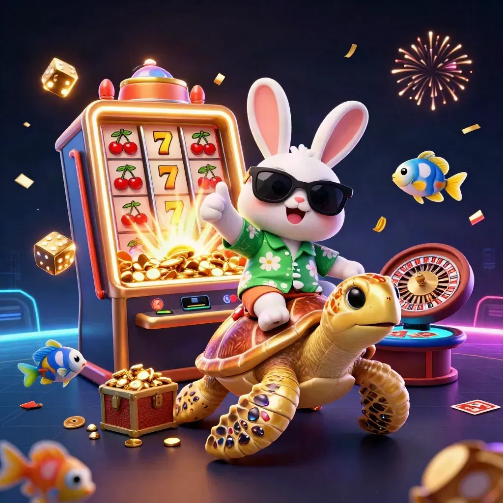 Lucky rabbit on golden sea turtle with casino symbols exploding in a neon casino sky.