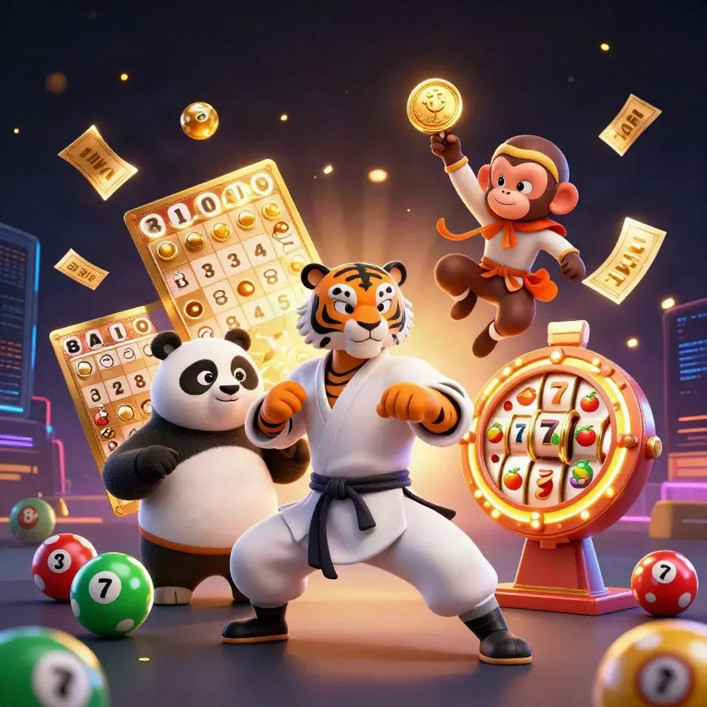 Tiger, panda, and monkey heroes amid casino icons, neon grid, and golden effects.