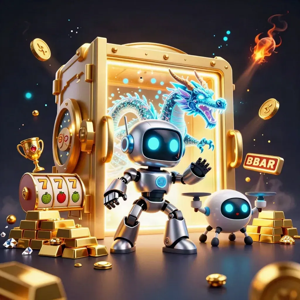 Cyberpunk robot, holographic dragon, and coin drone burst from a gold vault with gems and cyan glow