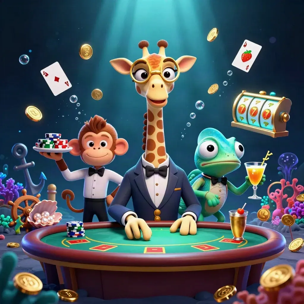 Giraffe, monkey, and chameleon casino heroes amid underwater treasure, bubbles, and glowing cyan loot