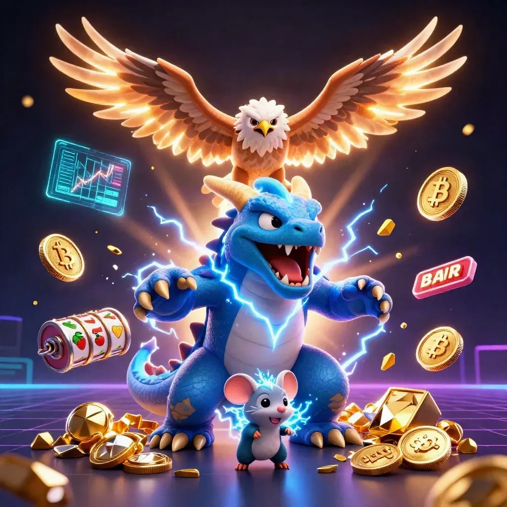 Thunder dragon, hawk, and static mouse amid coins, lightning, and casino effects.
