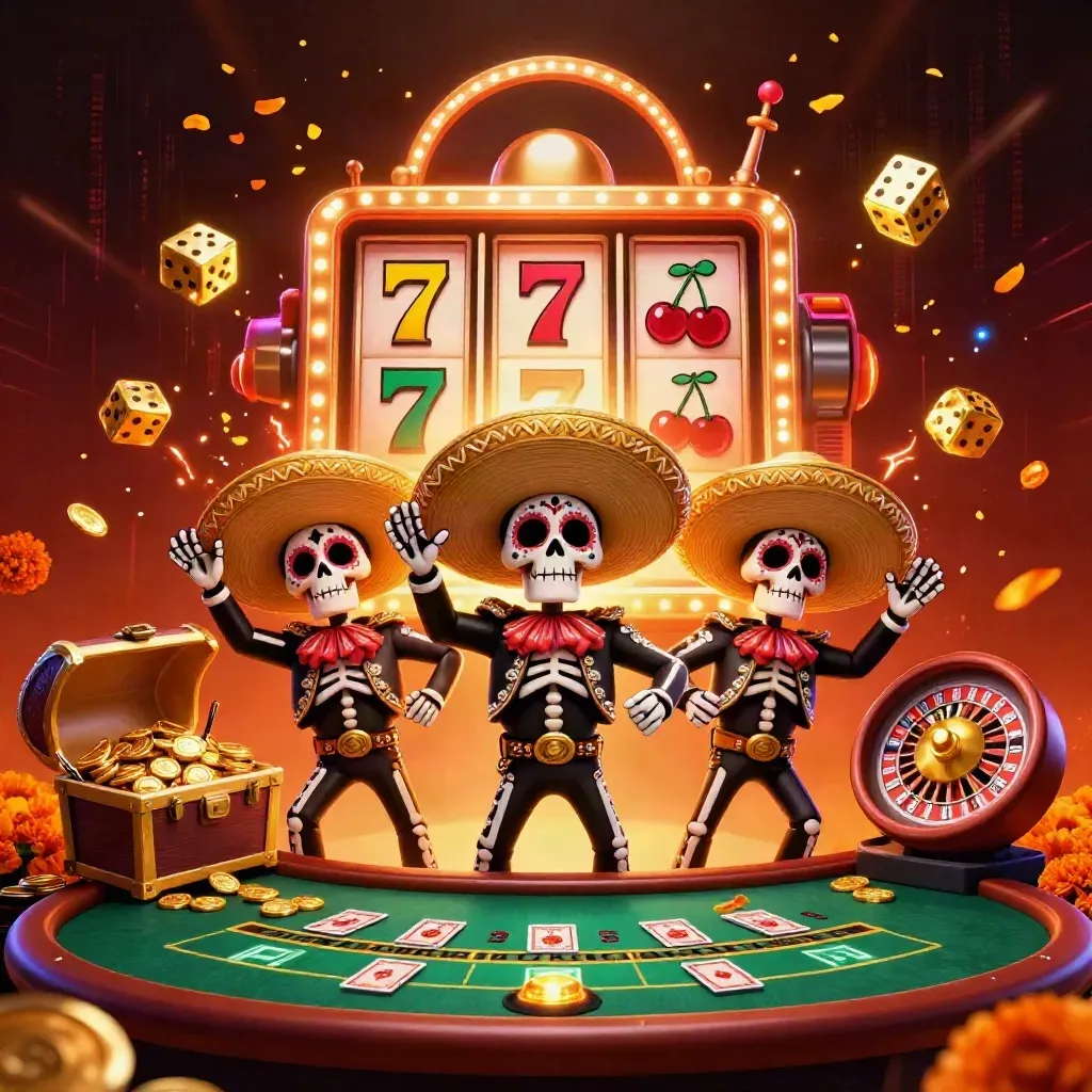 Skeleton mariachi trio amid jackpot burst, gold coins, and casino glow.