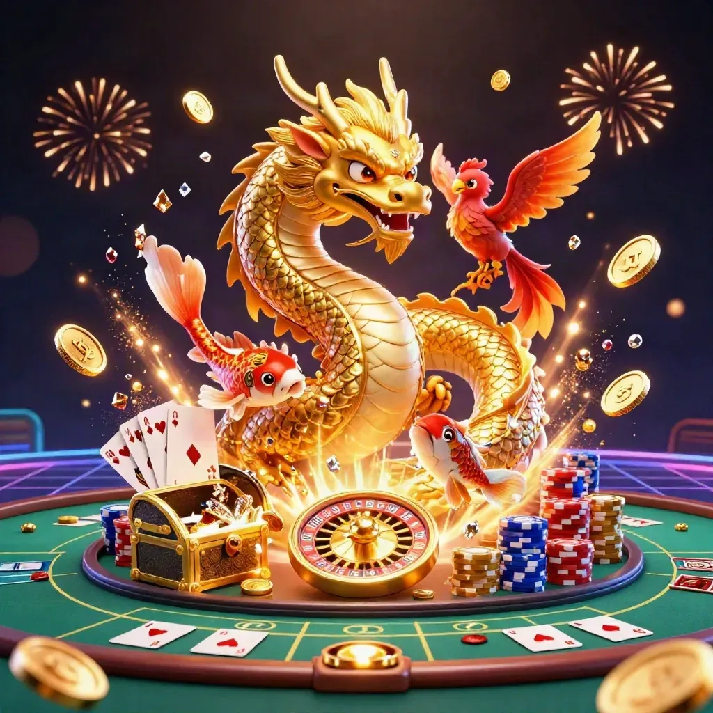 Golden dragon, phoenix, koi, coins, chips, cards, and roulette wheel bursting in a neon casino scene.
