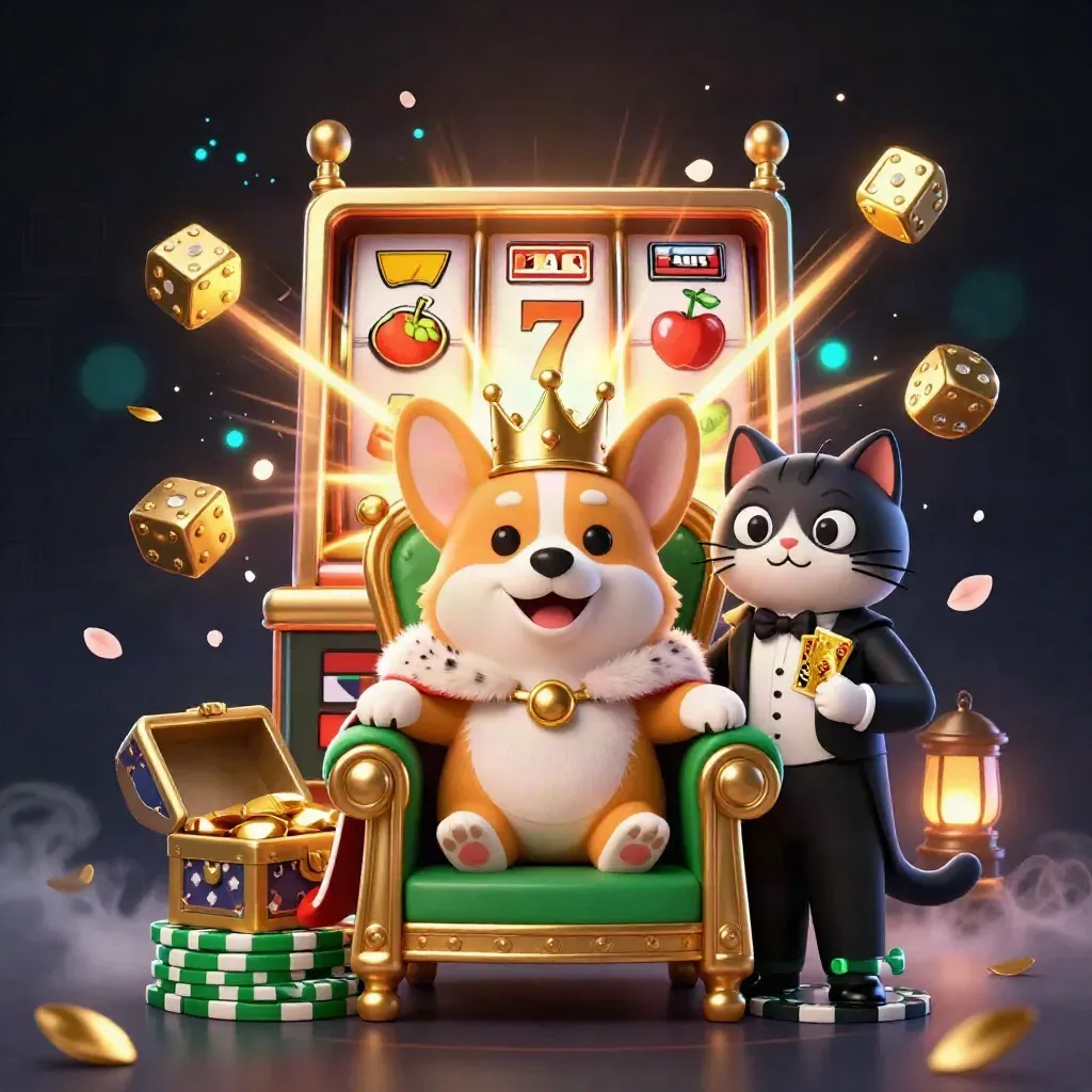 Royal corgi and cat butler amid exploding slot reels, gold, and glowing casino magic.