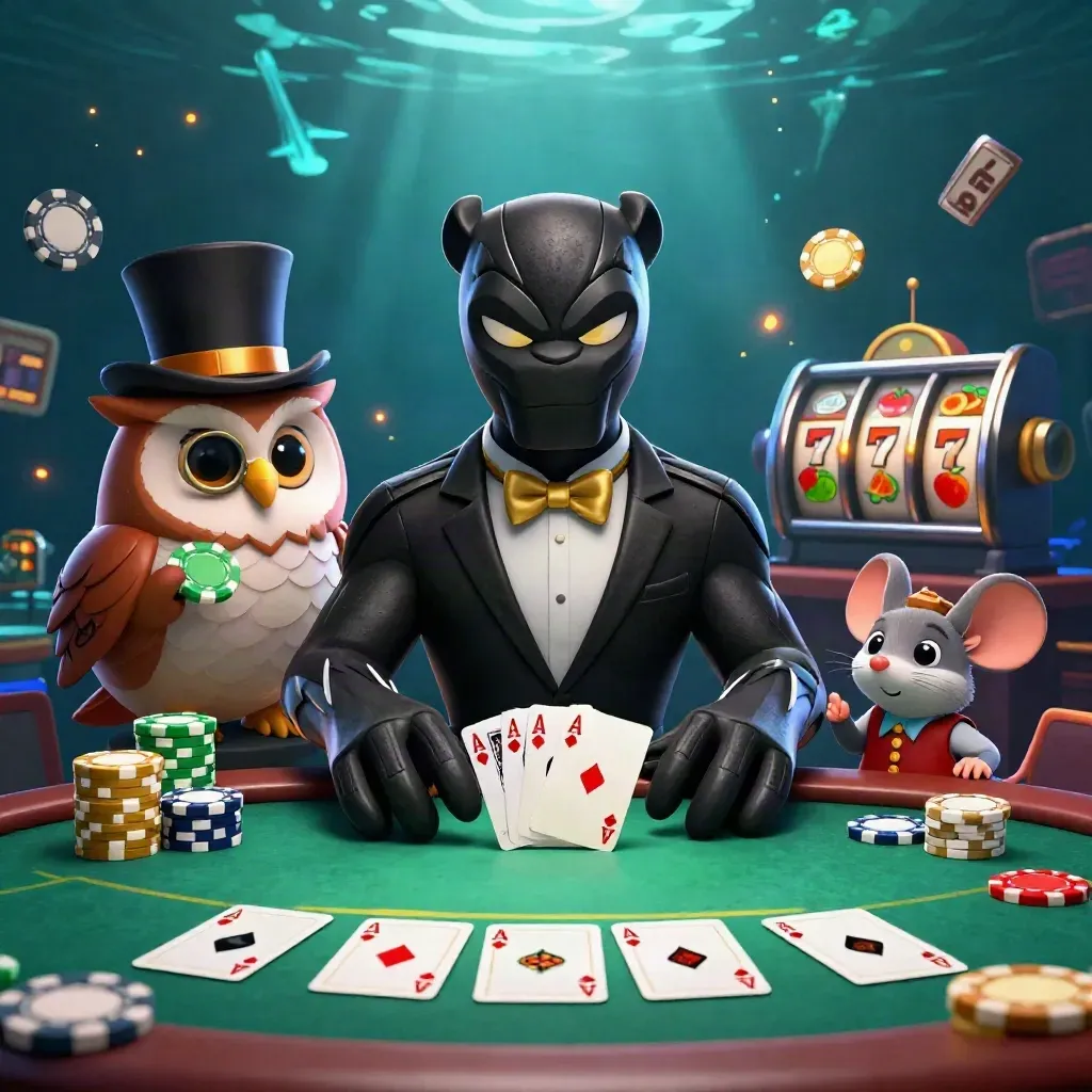 Panther, owl, and mouse amid chips, aces, reels, and a dark casino glow.