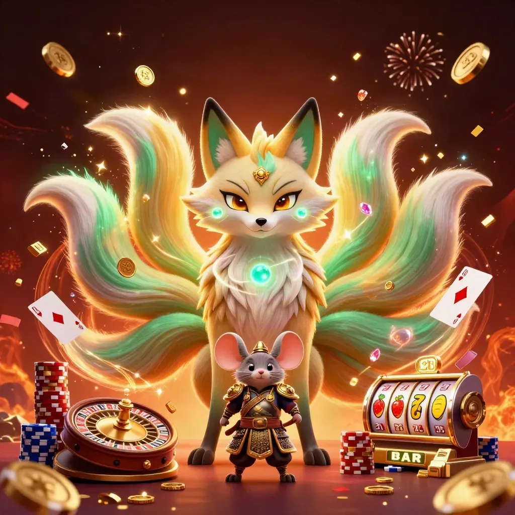 Neon fox spirit and armored mouse amid chips, cards, coins, reels, and glowing casino effects.